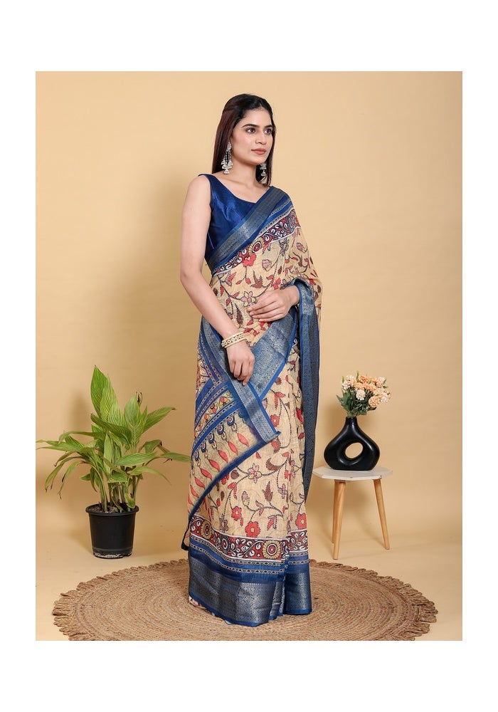 Malishka Export Artistic Brown & Teal Motif Linen Cotton Saree for Women - Image 3